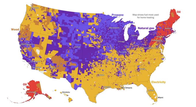 Map showing the predominant fuel source for home heating at a census tract level, according to the 2017-2021 American Community Survey