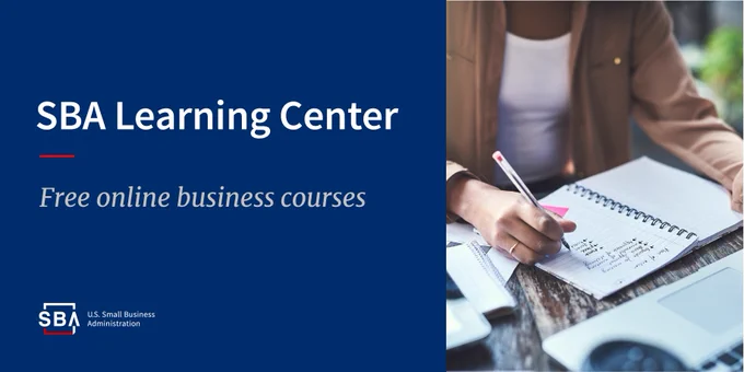 A person writing in a notebook to the right, SBA learning center to the left. SBA logo bottom left. 