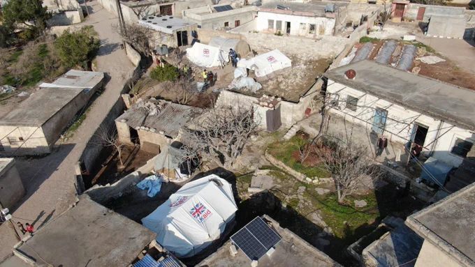 Tents supplied by the UK are being used to provide shelter to families whose homes were damaged by the earthquake in northwest Syria.