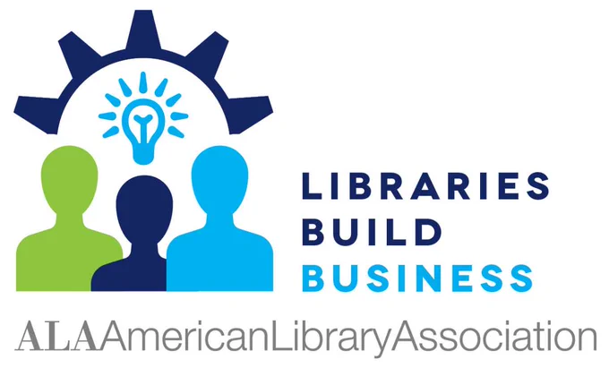 Libraries Build Business - ALA American Library Association [Blue and grey text on white background with an outline drawing of three figures standing under a lightbulb and a gear]
