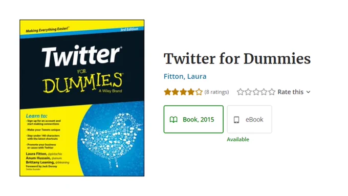 A screenshot of the Library catalog entry for "Twitter for Dummies" by Laura Fitton.