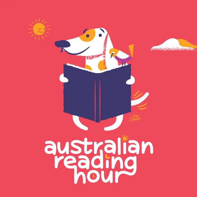 An illustration of a happy dog reading a book while a small bird reads over its shoulder. A sun smiles down at them from the top left corner. The words 'Australian Reading Hour' are emblazoned underneath in a playful font.
