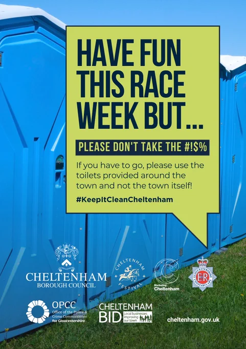 Image shows portaloos with text reading, 'Have fun this race week but please don't take the p#!$%. If you have to go, please use the toilets provided around the town and not the town itself!' With partner logos.