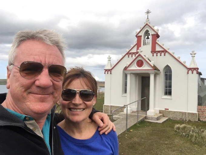 Selfie of Lorraine Kelly and her husband in-front of Orkney's Italian Chapel.