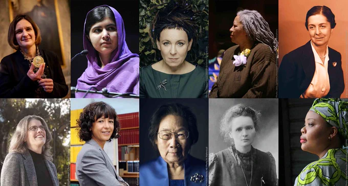 Top row, left corner clockwise: Esther Duflo, Malala Yousafzai, Olga Tokarczuk, Toni Morrison, Rita Levi-Montalcini, Leymah Gbowee, Marie Curie, Tu Youyou, Emmanuelle Charpentier, Andrea Ghez.