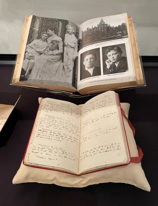 An image of 2 Books; Above is open to images of Lady Desborough and her sons when young, Below is Lady Desborough's Diary talking of the Death of her Sons in World War 1. 