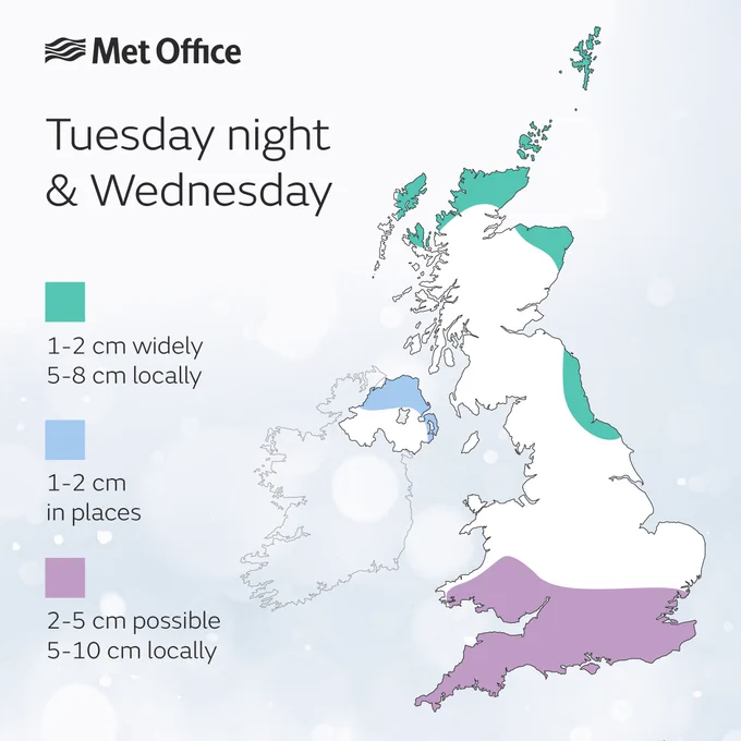 Map of the UK showing expected snowfall totals on Tuesday night and on Wednesday: Green areas: 1-2 cm widely with 5-8 cm locally. Blue areas: 1-2 cm in places. Purple areas: 2-5 cm possible with 5-10 cm locally.