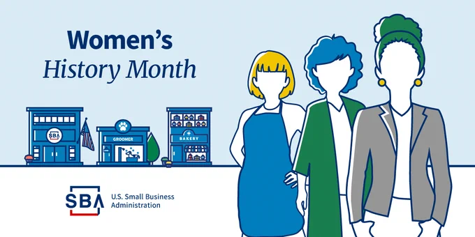 Illustration of three people and buildings with the following text: Women’s History Month. The SBA 
logo is at the bottom