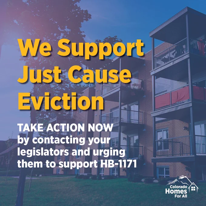 An apartment complex is in the background of the graphic. In large yellow text: We support Just Cause Eviction. Below the yellow text is white text in a smaller font: Take action now by contacting your legislators and urging them to support HB-1171.