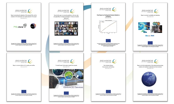 Collage showing the cover pages of the 8 public ESiWACE2 deliverables published between November 2022 and end of February 2023.