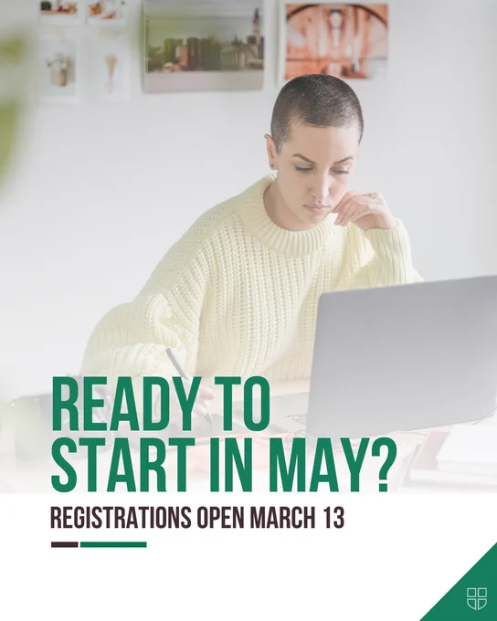 An image of student studying online with text ready to start in May? Registrations open March 13 for Durham College's Professional and Part-time Learning.