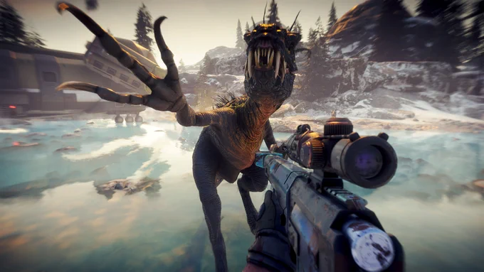 First person view of someone holding a sniper rifle standing in a pool of water in a cold, snowy environment. A raptor is very close to the person and swiping at the person with its right claw. Behind the raptor is a landed spaceship.