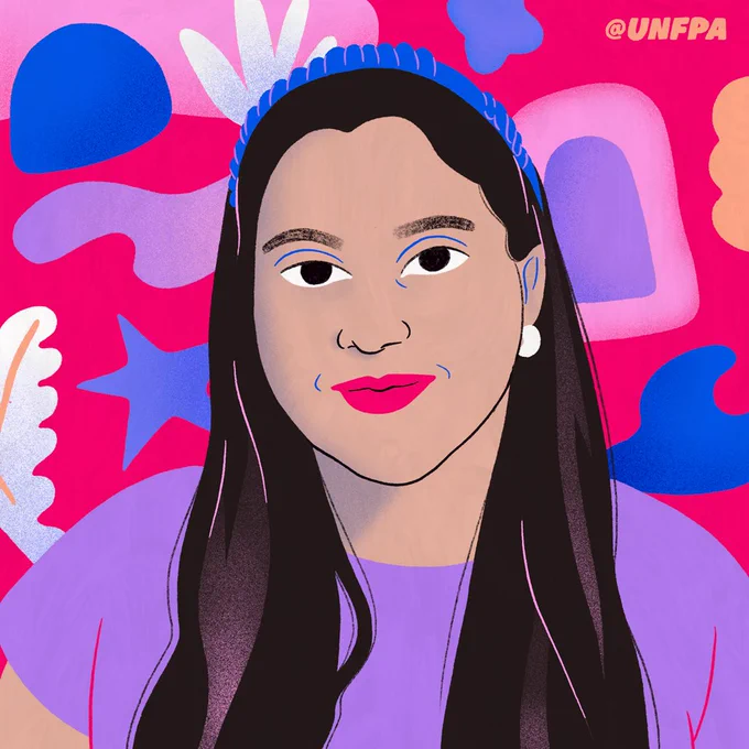 An illustration of a woman from her chest up. She is wearing a purple t-shirt, a blue headband, and has long brown hair. She is looking straight ahead, smiling. The background color of the illustration is bright pink, with several decorations drawn on top, including a purple star, a white feather and a blue circle. @UNFPA is written in a small font in orange, in the top right corner of the illustration.