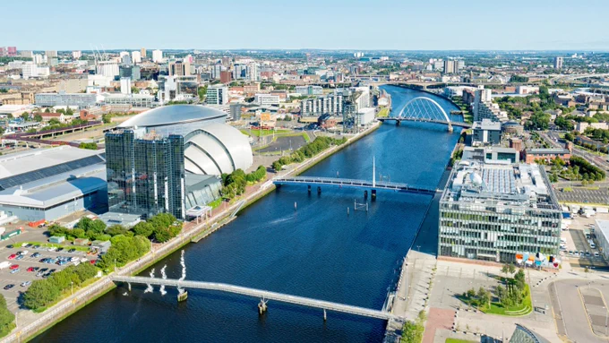 Wide angle aerial view of the River Clyde and landmarks, Glasgow, Scotland, UK