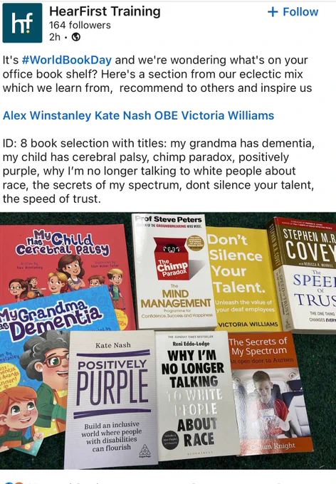 A screenshot showing a post from hear first training, that reads ‘its world book day and we’re wondering what’s on your bookshelf? Here’s a selection from eclectic mix which we learn from, recommend to others and inspire us