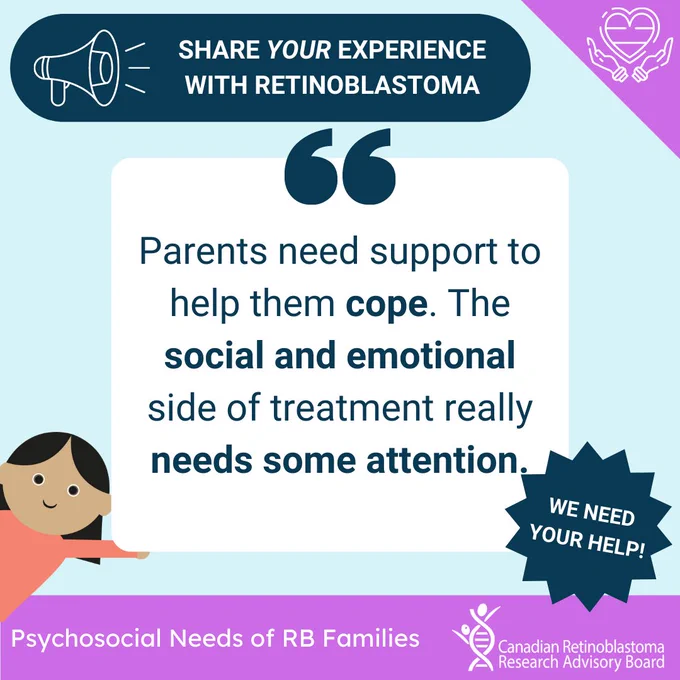 Title: Share your experience with retinoblastoma.    Body: Parents need support to help them cope. The social and emotional side of treatment really needs some attention.   Bottom text: We need your help!  