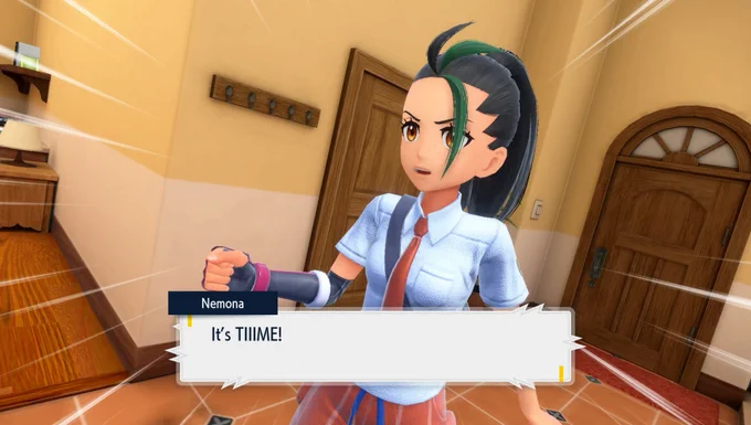 A screenshot of Nemona from Pokémon Scarlet. She has excitedly burst into the player's room, clenching her fist in anticipation, yelling "It's time!"