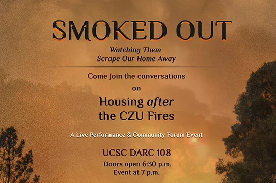 flyer for Smoked Out with event information - background photo of forest fire