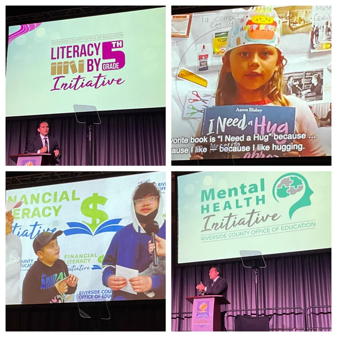 Dr. Edwin Gomez speaking at the State of Education event, sharing initiative updates including videos showcasing the actual work being done for the Literacy by 5th Grade, Financial Literacy, and Mental Health Initiatives.