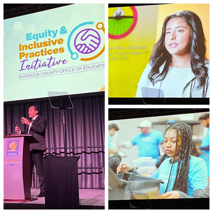 Dr. Edwin Gomez presenting update and information about his Equity & Inclusive Practices Initiative, with video showcasing Migrant Education internship program, and 21st Century CTE programs in Rivers County.