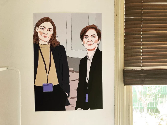 Cartoon style sketch of Kate and Jo from crime drama Line of Duty