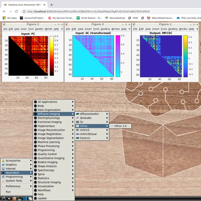 Screenshot of SCFC being launched from Neurodesktop. Figures (from left to right) are: average functional connectivity matrix, average (transformed) structural connectivity matrix, average MFCSC connectivity matrix (only for intra-hemispheric connections).