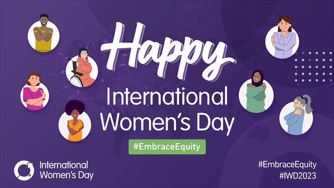 "Happy International Women's Day" with illustrations of women embracing themselves. #EmbraceEquity #IWD2023