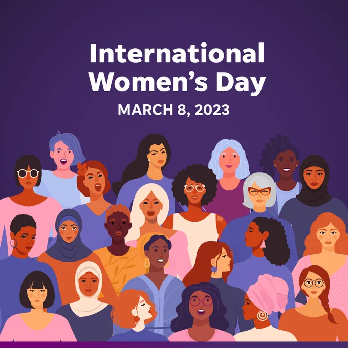 Illustrations of women with text: "International Women's Day, March 8, 2023"