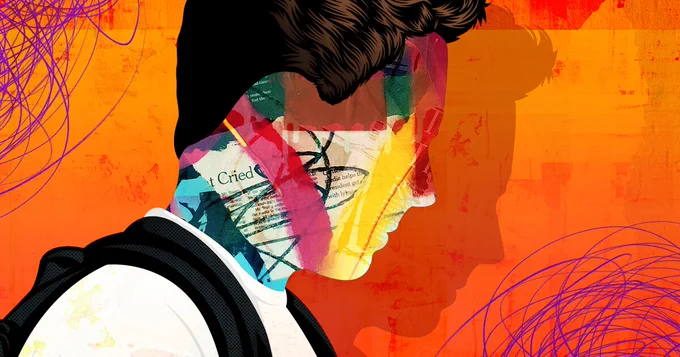 An image of a person with scraps of text and paint to replace their face, is in front of an orange background that has a shadow of their head and purple scribbles.