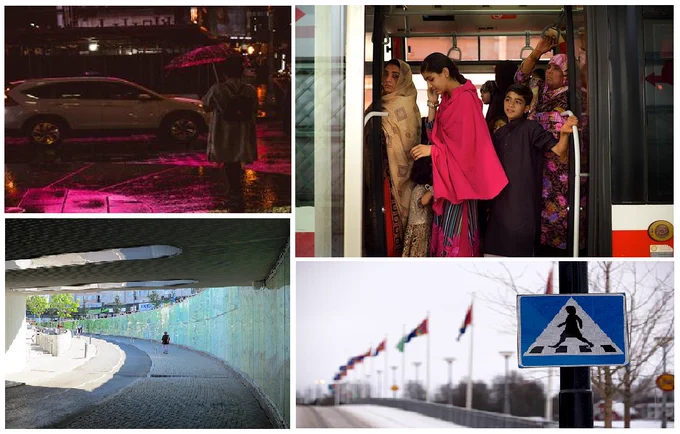 Examples of some images used to promote our 26 January SDS panel discussion, showing women travelling alone and a sign designed to show a woman using a pedestrian crossing