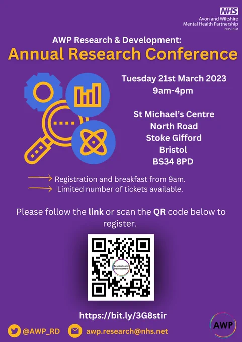 Annual Research Conference: Tuesday 21st March 9-4pm @ St Michael's Centre, North Road, Stoke Gifford, Bristol, BS34 8PD