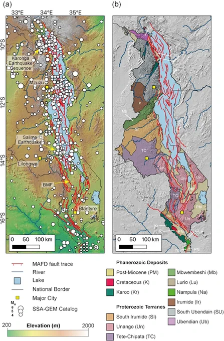 Map of Malawi in the context of (a) the Malawi Active Fault Database (MAFD; Williams et al. 2022c) and the Sub-Saharan Africa Global Earthquake Model (SSA-GEM) catalog Poggi et al. (2017) and (b) regional geological terranes Fullgraf et al. (2017). BMF; Bilila-Mtakataka Fault.