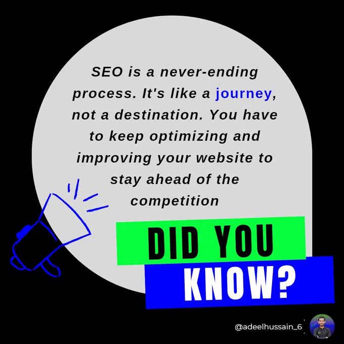 SEO is a never-ending process. It's like a journey, not a destination.

You have to keep optimizing and improving your website to stay ahead of the competition.