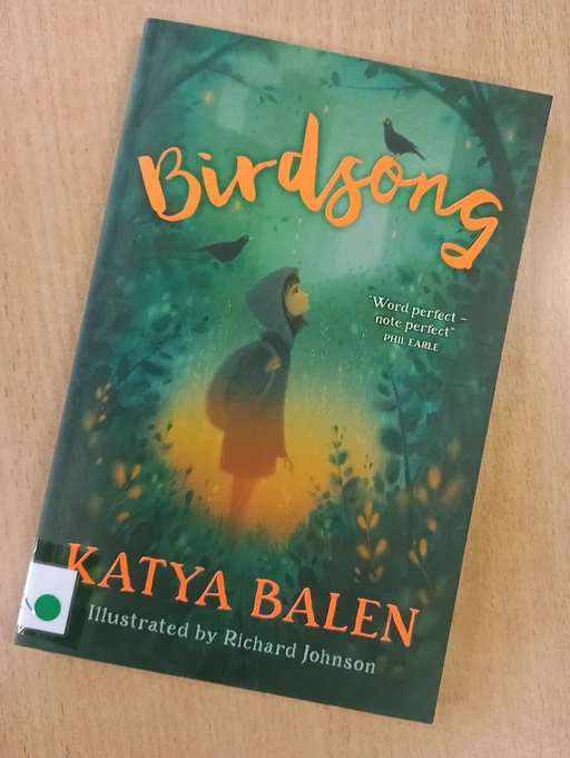 Book lying face up on a wooden surface. The book is Birdsong by Katya Balen