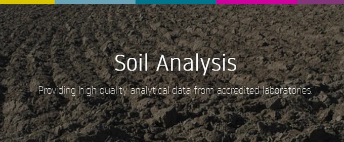 Image of Soil in a field, with text overlain reading 'Soil Analysis. Providing high quality analytical data from accredited laboratories'. 