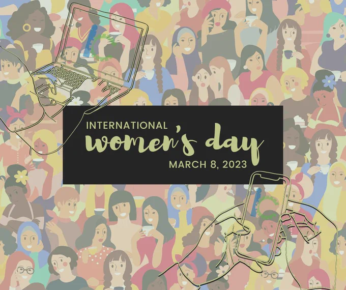 Image reads; "International Women's Day March 8, 2023" the background of the image includes images of a diverse range of women. This image also includes an image of a laptop, and a cellphone, both devices have the I-Connect logo. I-Connect is a self-monitoring intervention and educational behavior intervention app. more information can be found on the I-Connect website: https://iconnect.ku.edu/