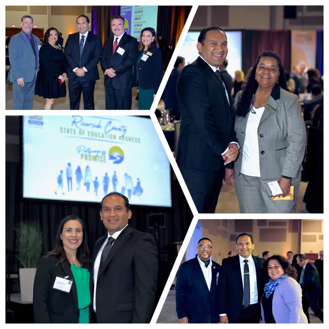 Riverside County Board of Education member Kim Cousins, Superintendent Gomez, San Bernardino County Superintendent of Schools Ted Alejandre, and Riverside USD board member Dr. Noemi Hernandez Alexander. County Superintendent Edwin Gomez, Ed.D., with Riverside Unified School District Superintendent Renee Hill at the State of Education event. Dr. Edwin Gomez and wife, Jessica Gomez, standing in front of "Riverside County State of Education Address, Pathways of Promise" event theme slide over stage. County Superintendent of Schools Edwin Gomez, with Corona-Norco USD board members Dr. Jose Lalas and Mary Helen Ybarra.