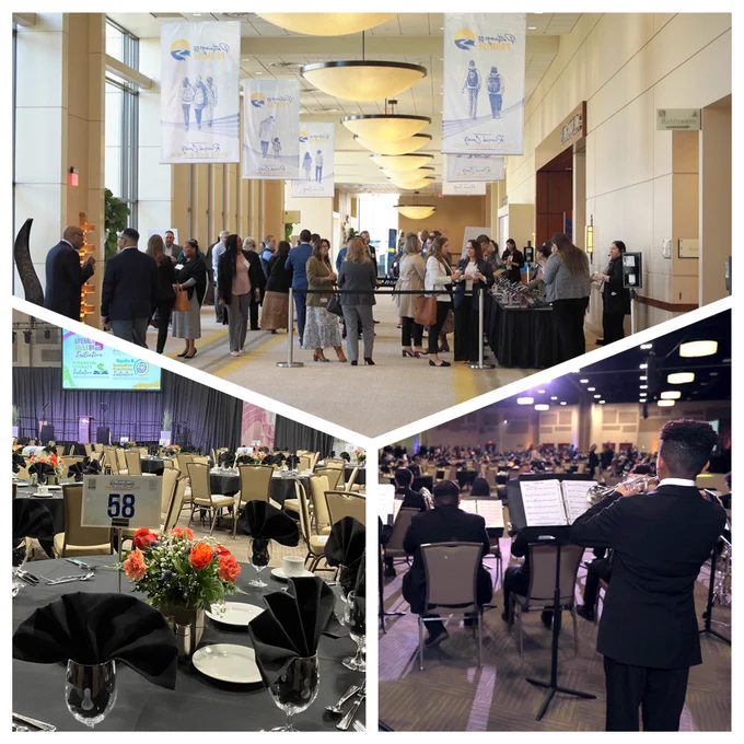 Crowd at State of Education Address registration lobby, with themed "Pathways of Promise" banners hanging above, table setting at the State of Ed luncheon, and View from behind Rancho Verde High Jazz Band trumpet players looking towards large State of Education Address convention center ballroom full of guests.