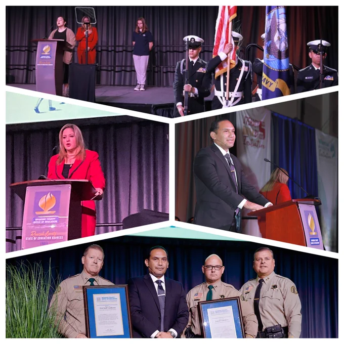 "Riverside County State of Education Address, Pathways of Promise" stage during Presentation of Colors by Paloma Valley High Navy JROTC, Pledge of Allegiance by student Rosemary Haner, and National Anthem being sung by La Quinta High student Jocelyn Nicolao. Deputy Superintendent of Schools Dr. Ruth Perez on stage, and me at the podium during State of Education Address. Standing with Riverside Sheriff's Captain Rayls, Sheriff's Captain Koehler, and Assistant Sheriff Ed Delgado after receiving proclamations for fallen officers Isaiah Cordero and Darnell Calhoun.