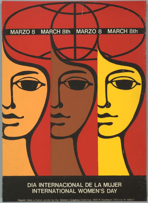 Three half-faces of women, viewed frontally, repeated across the poster, each in a different color on the same dark red background: peach at left, brown at center, yellow at right. Facial features defined in thick black lines.