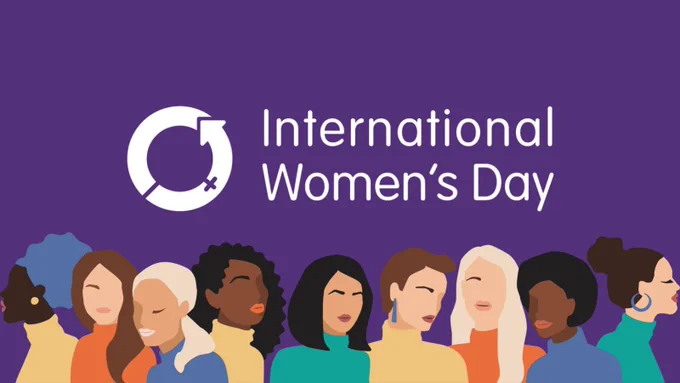 Purple background with white International Women's Day logo and cartoon graphic of many different women below it