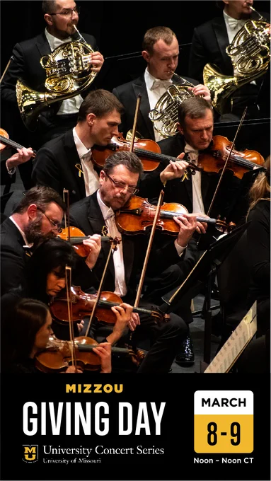 Ukrainian orchestra musicians performing. Mizzou Giving Day. March 8 through 9, from noon to noon CT.  