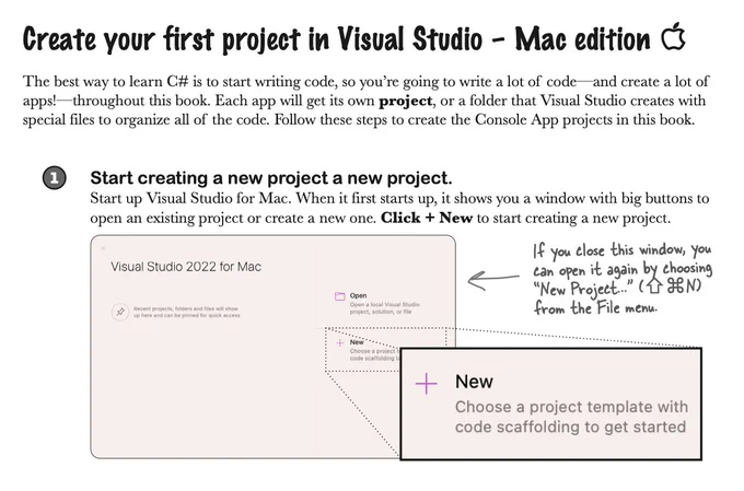 Excerpt from Head First C#:

Create your first project in Visual Studio – Mac edition

The best way to learn C# is to start writing code, so you’re going to write a lot of code—and create a lot of apps!—throughout this book. Each app will get its own project, or a folder that Visual Studio creates with special files to organize all of the code. Follow these steps to create the Console App projects in this book.