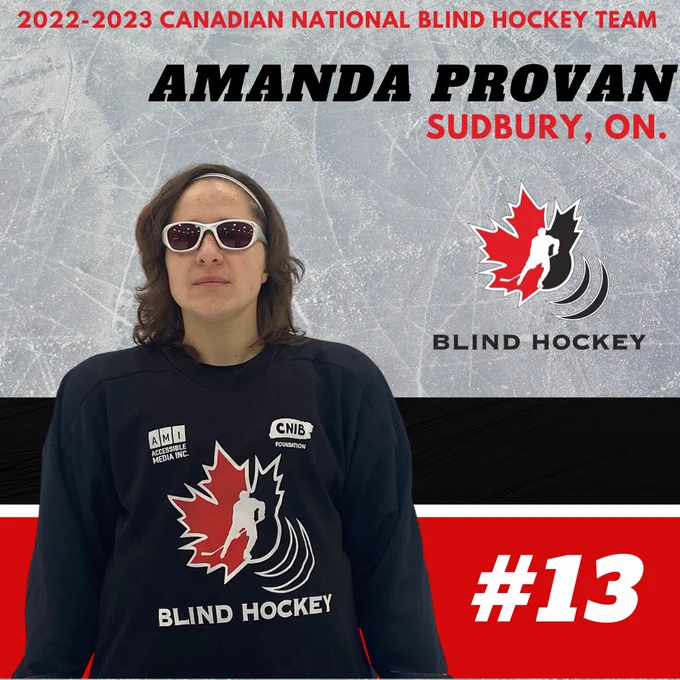 Amanda Provan, #13 sudbury ON 2022-2023 Canadian National Blind Hockey Team wears a black blind hockey jersey