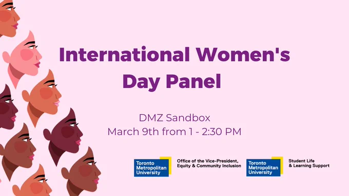 Illustrated faces of women of different colours for an International Women's Day Panel on March 9 from 1 to 2:30 p.m. at the DMZ Sandbox.