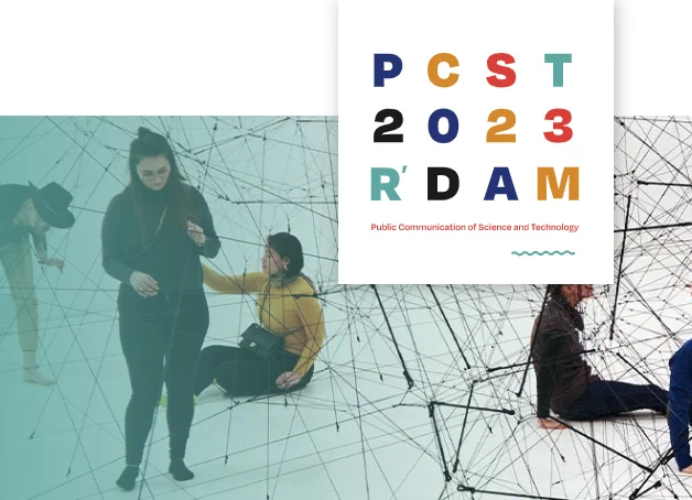 Decorative image: Several people touch and explore a 3D art installation constructed out of thread. The words "PCST 2023 R'DAM" appear in the corner. 