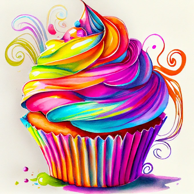 Illustration in rainbow swirly colours of a cupcake with a mountain of frosting
