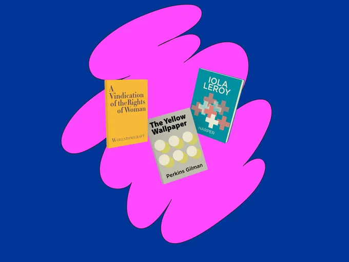 A pink painting with three books from Dear Reader in the center on a purple background.