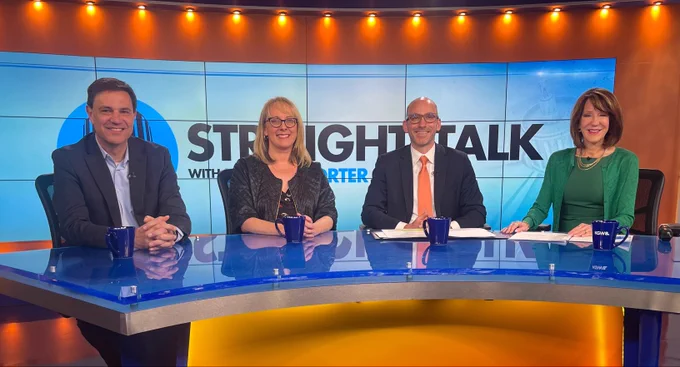 Photo of John Tapogna, Michelle Neiss, Andrew Hoan, and Laural Porter on the set of KGW’s Straight Talk.