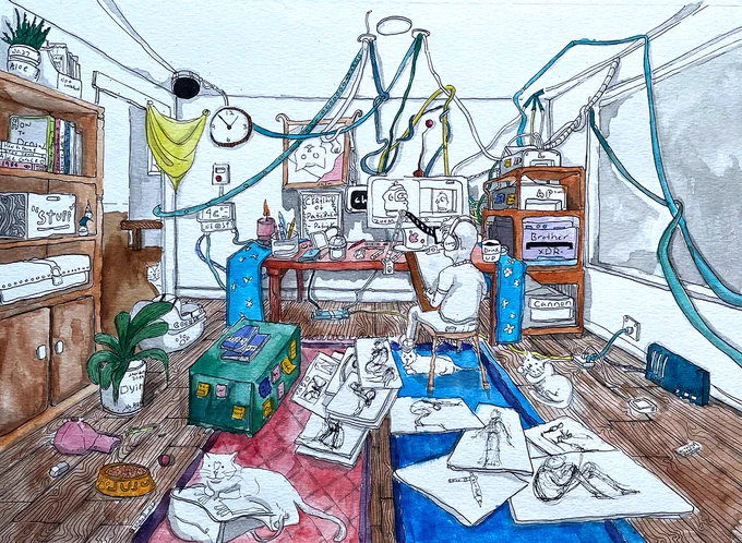 Practice Room by Patrick Shen, artwork description:  This artwork depicts a messy bedroom, with an artist seated down working on artwork on their Macbook screen. There are many sketches scattered about the room, along with three cats, and a cat food bowl that reads “Juju”. 